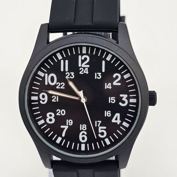 Men's Field Watch 42MM Black Case Black Dial Black Plastic Band Straps - Picture 2 of 12